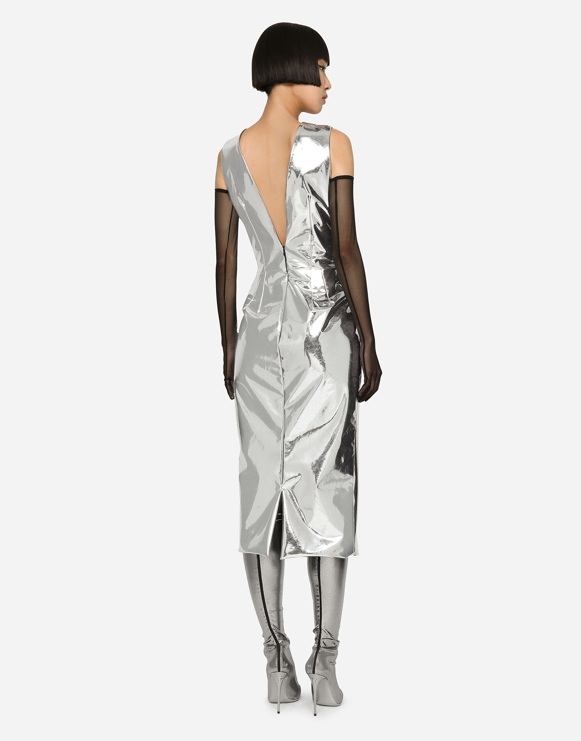 KIM DOLCE&GABBANA Foiled jersey calf-length dress in Silver for Women |  Dolce&Gabbana® US