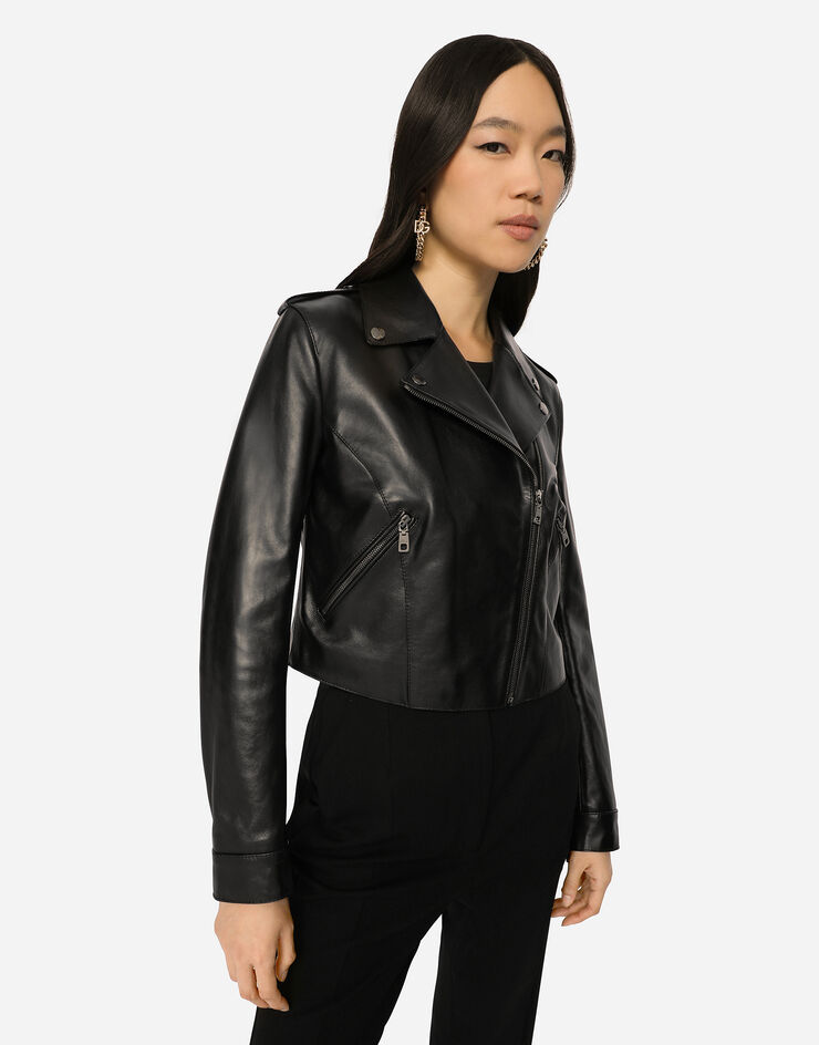 Dolce & Gabbana Leather biker jacket with tab details Black F9M11LHULOJ