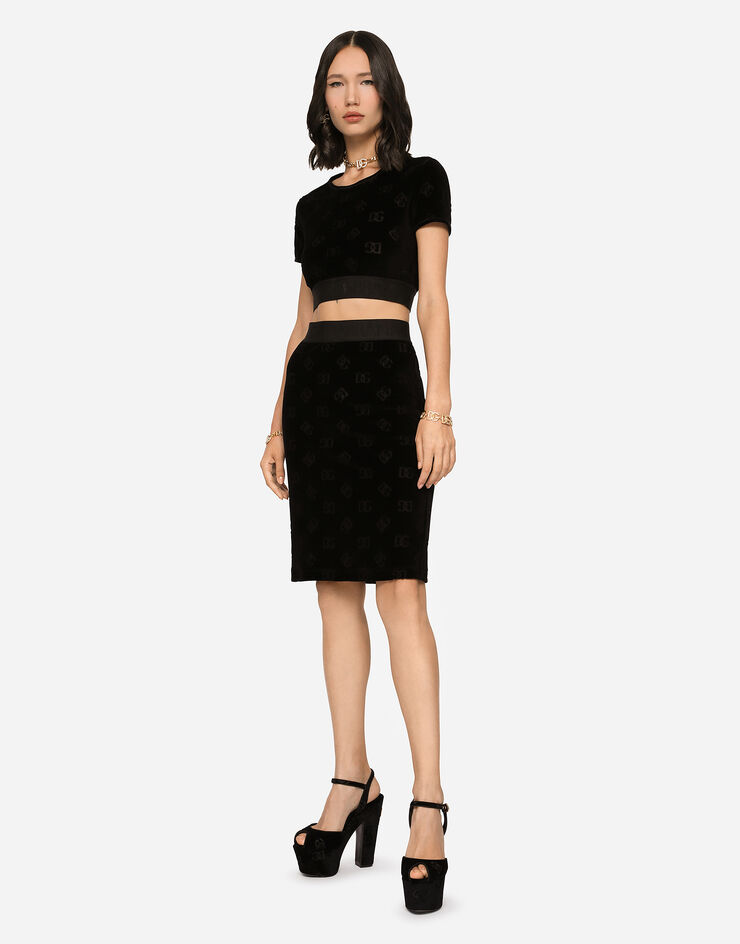 Dolce & Gabbana Falda midi de punto aterciopelado con motivo integral del logotipo DG Negro F4CJUTFJ7DL