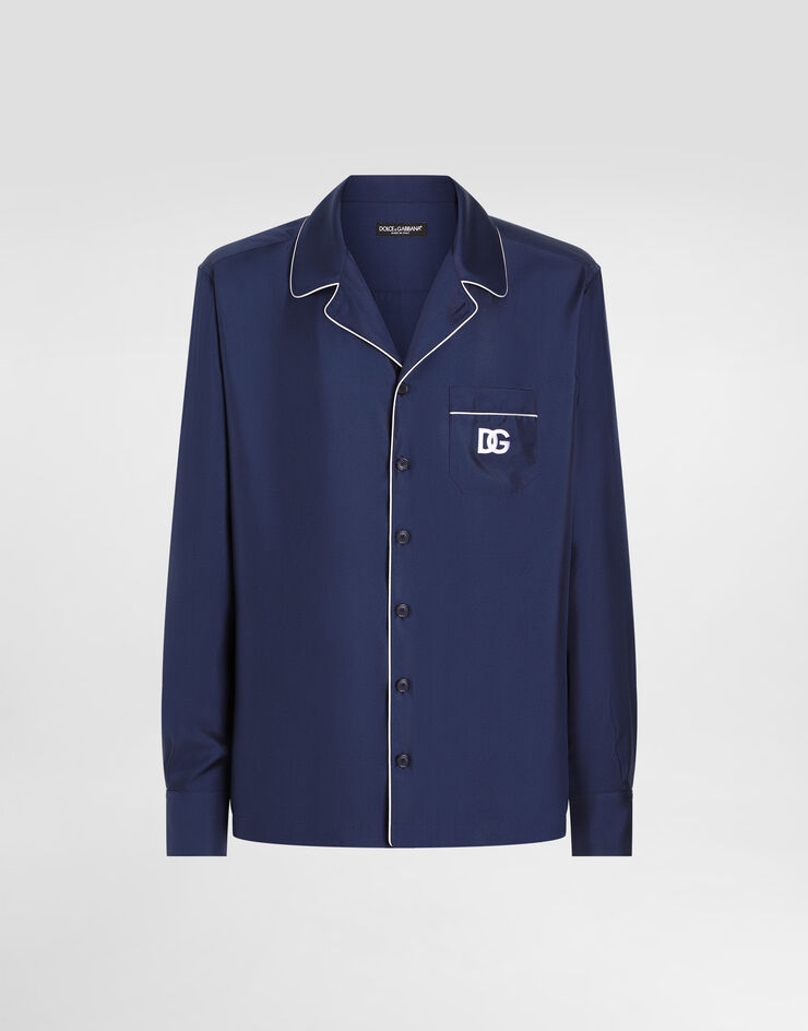 Dolce & Gabbana Silk shirt with DG logo-embroidered patch Blue G5IF1ZGF856