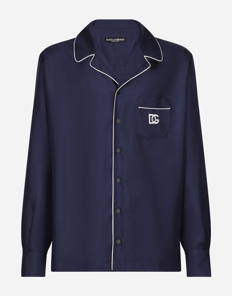 Dolce & Gabbana Seidenhemd mit Patch mit DG-Logostickerei Blau G5IF1ZGF856