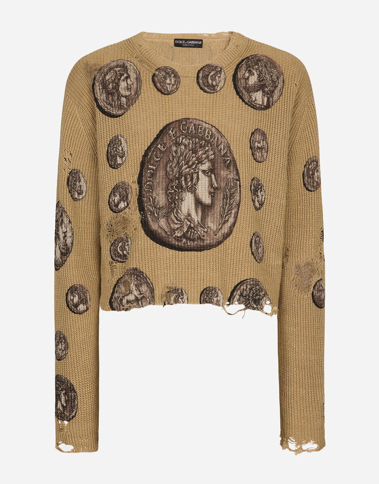 Dolce&Gabbana Coin print crew neck linen sweater Beige GXO75TJAHJL