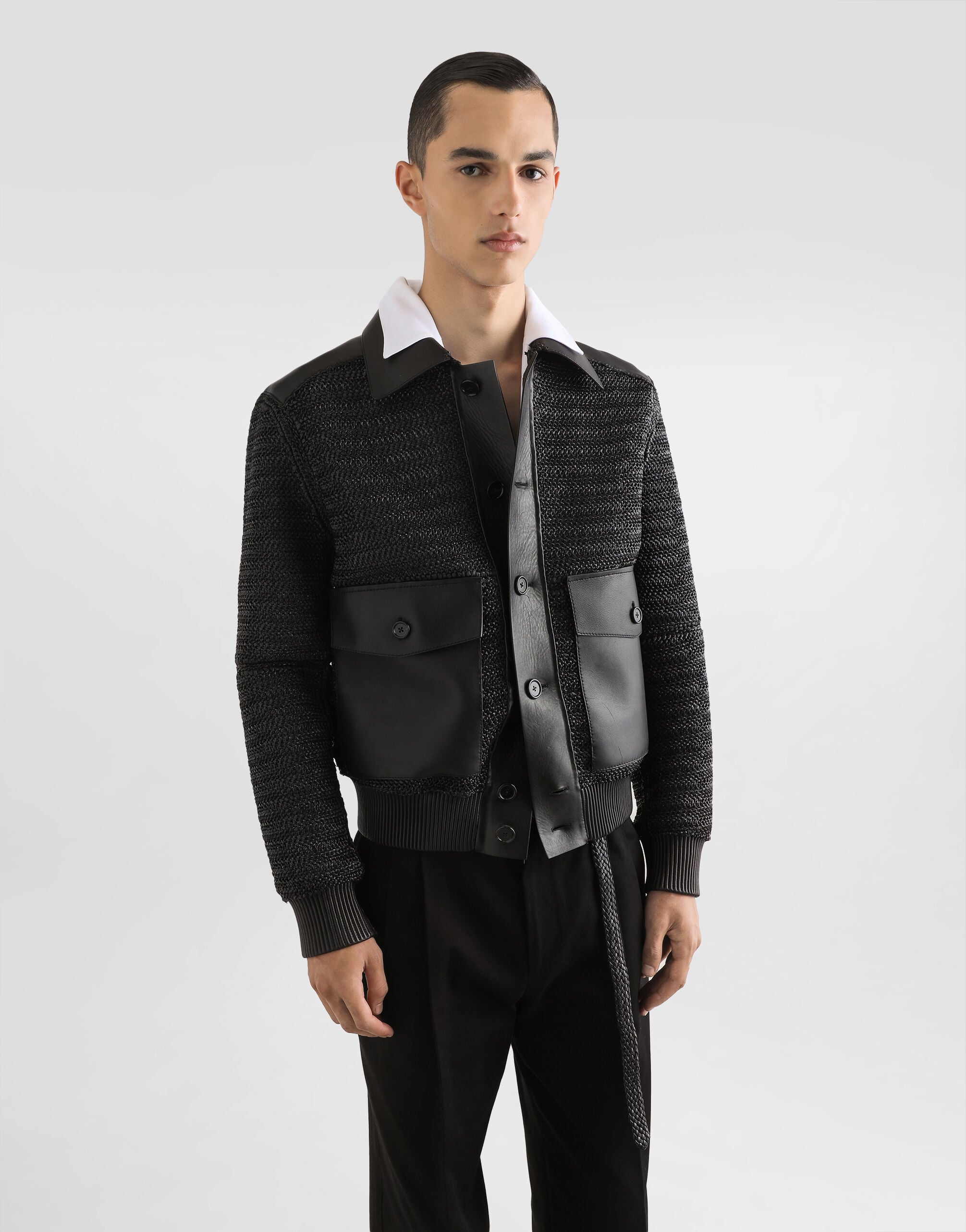 Leather and raffia mesh jacket in Black for Men | Dolce&Gabbana® US