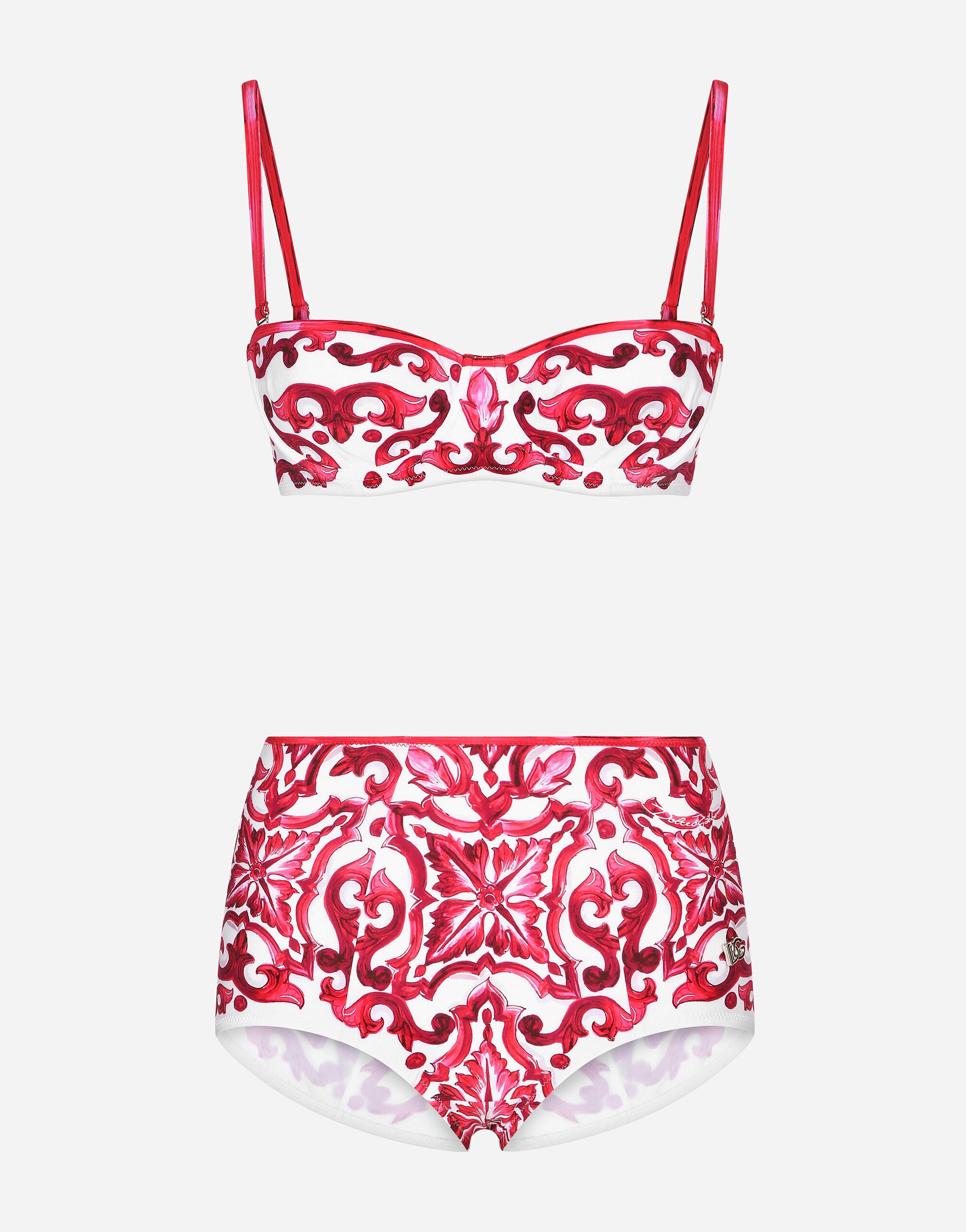 Dolce & Gabbana Majolica print balconette bikini top and bottoms White BB7287AW576