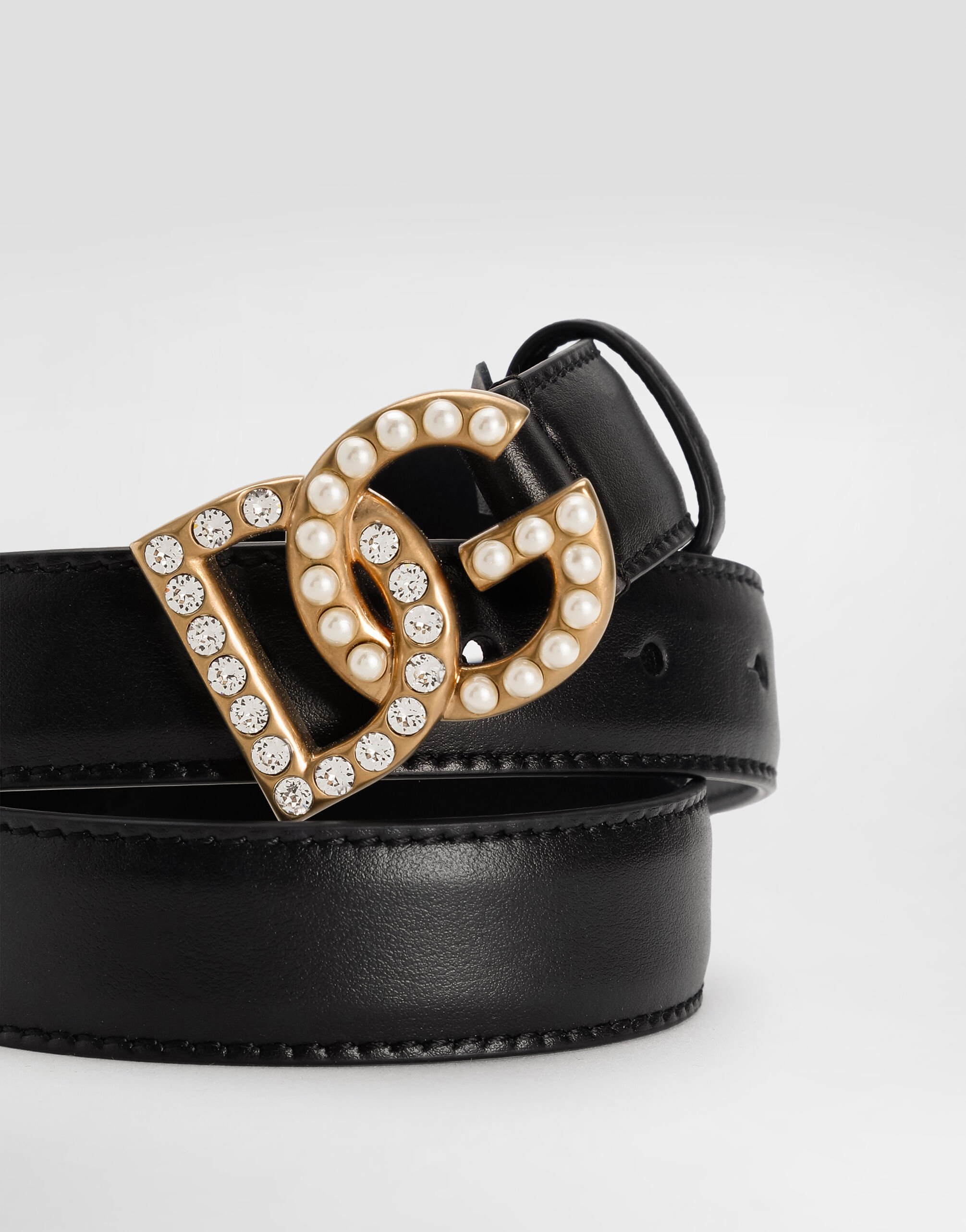 【貴重‼️限定価格】Dolce & Gabbana ベルベット テンダーウッド Calfskin belt with DG logo with rhinestones and pearls in