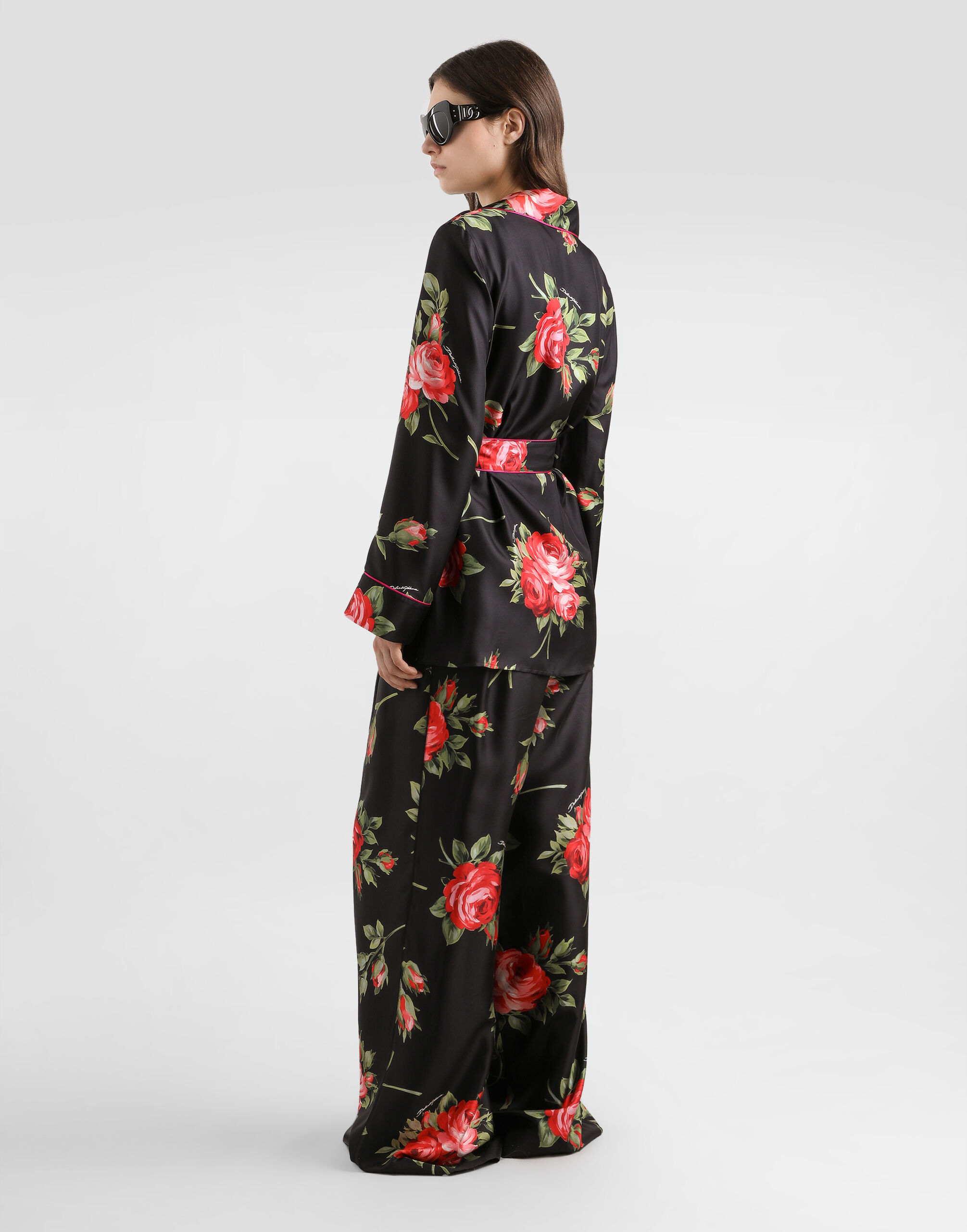 Rose bouquet-print wide twill trousers in Multicolor for Women