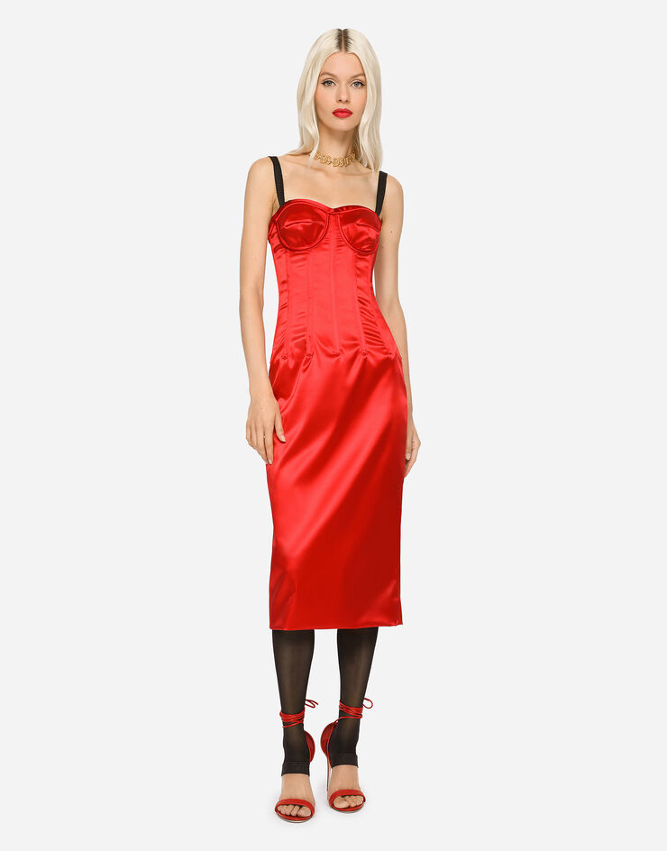 Dolce & Gabbana Satin calf-length dress with corset details Red F6BDLTFURAD