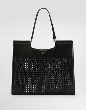 Dolce & Gabbana Shopping Sicily in straw and calfskin weave Black BB7727B9S67