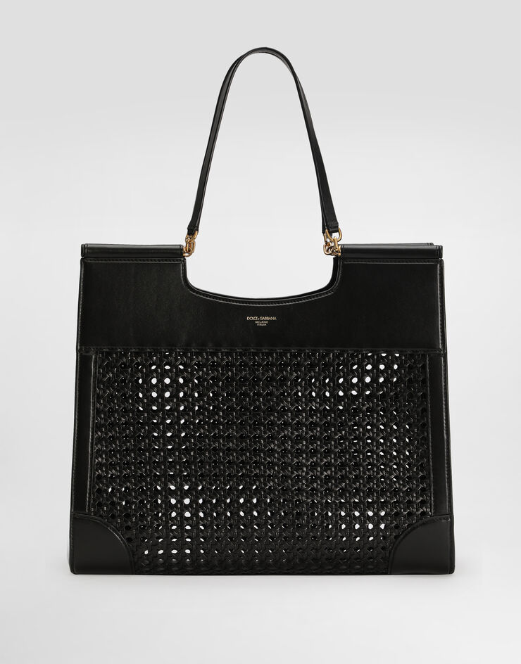 Dolce & Gabbana Shopping Sicily in straw and calfskin weave Black BB7727B9S67