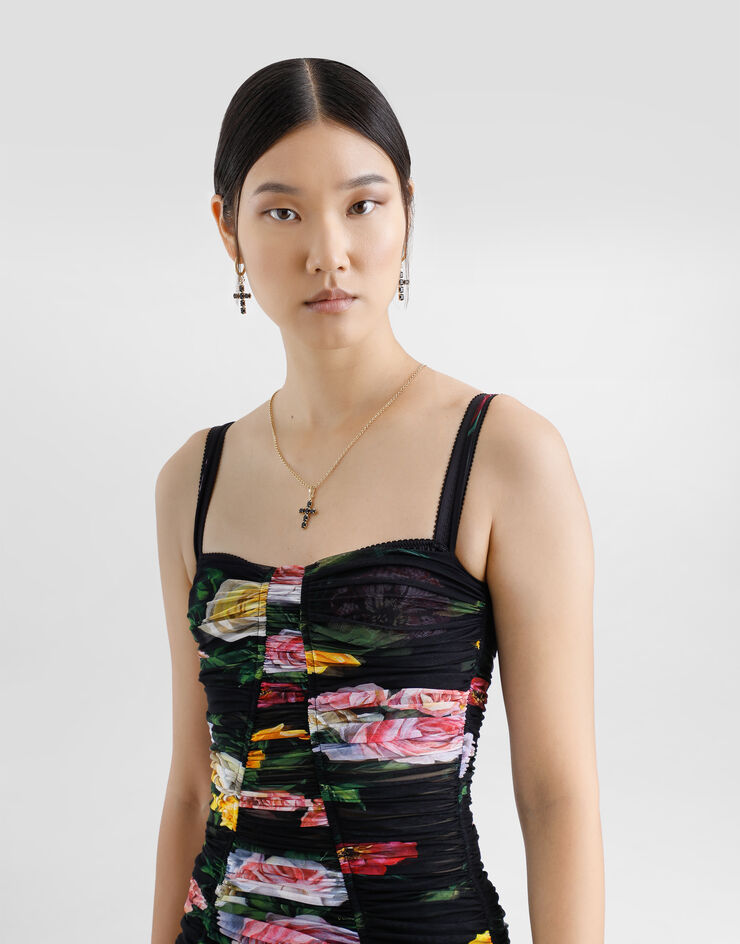 Dolce & Gabbana Tulle calf-length slip dress with draping and peony and rose print Print F6FAKTFSUBI