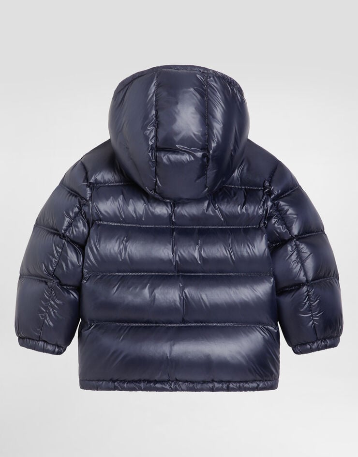 Dolce & Gabbana Long down jacket with detachable hood in shiny nylon Blue L4JB6FFUS3Y