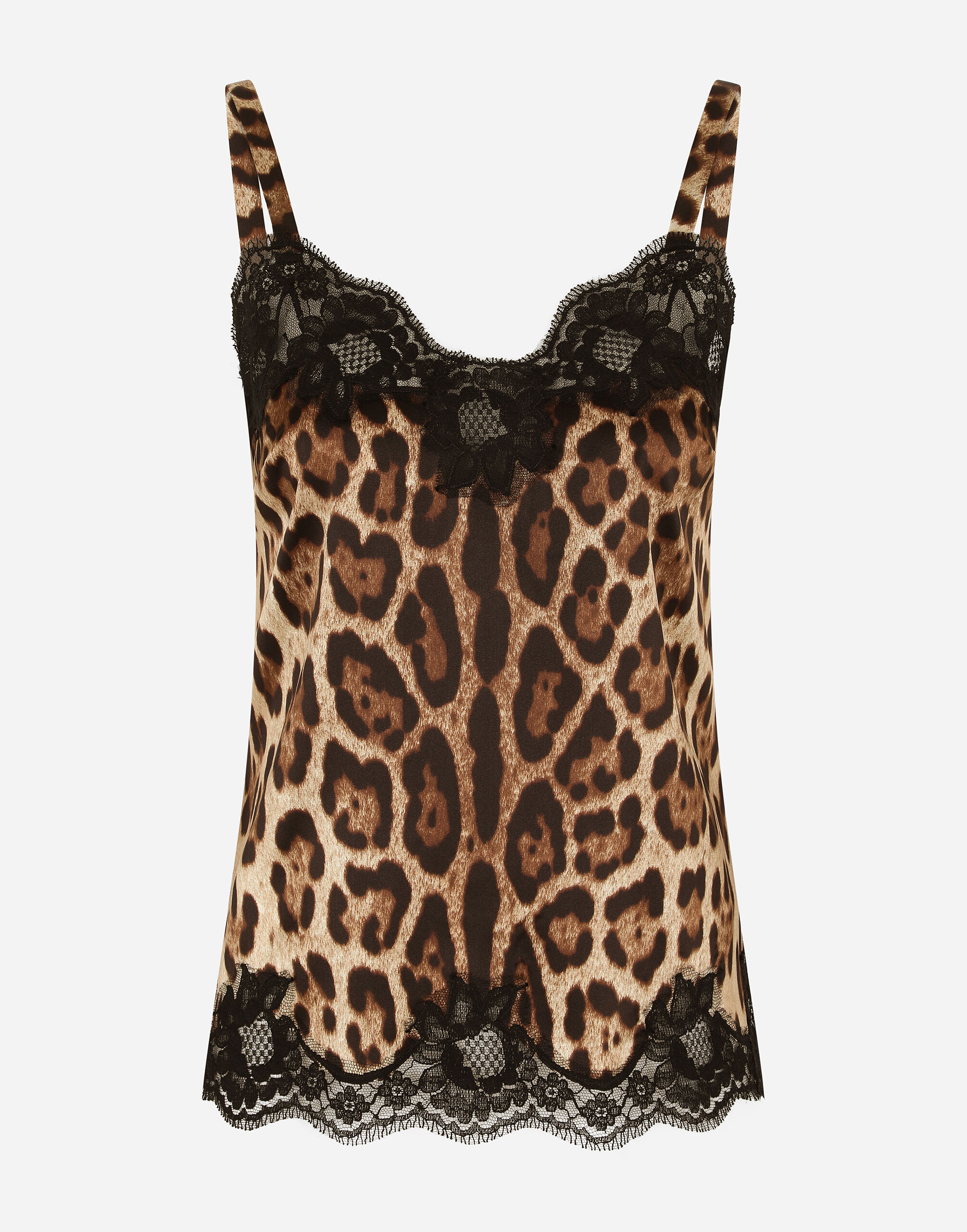Dolce & Gabbana Leopard-print satin lingerie-style top with lace detailing Black O7A00TFUADG