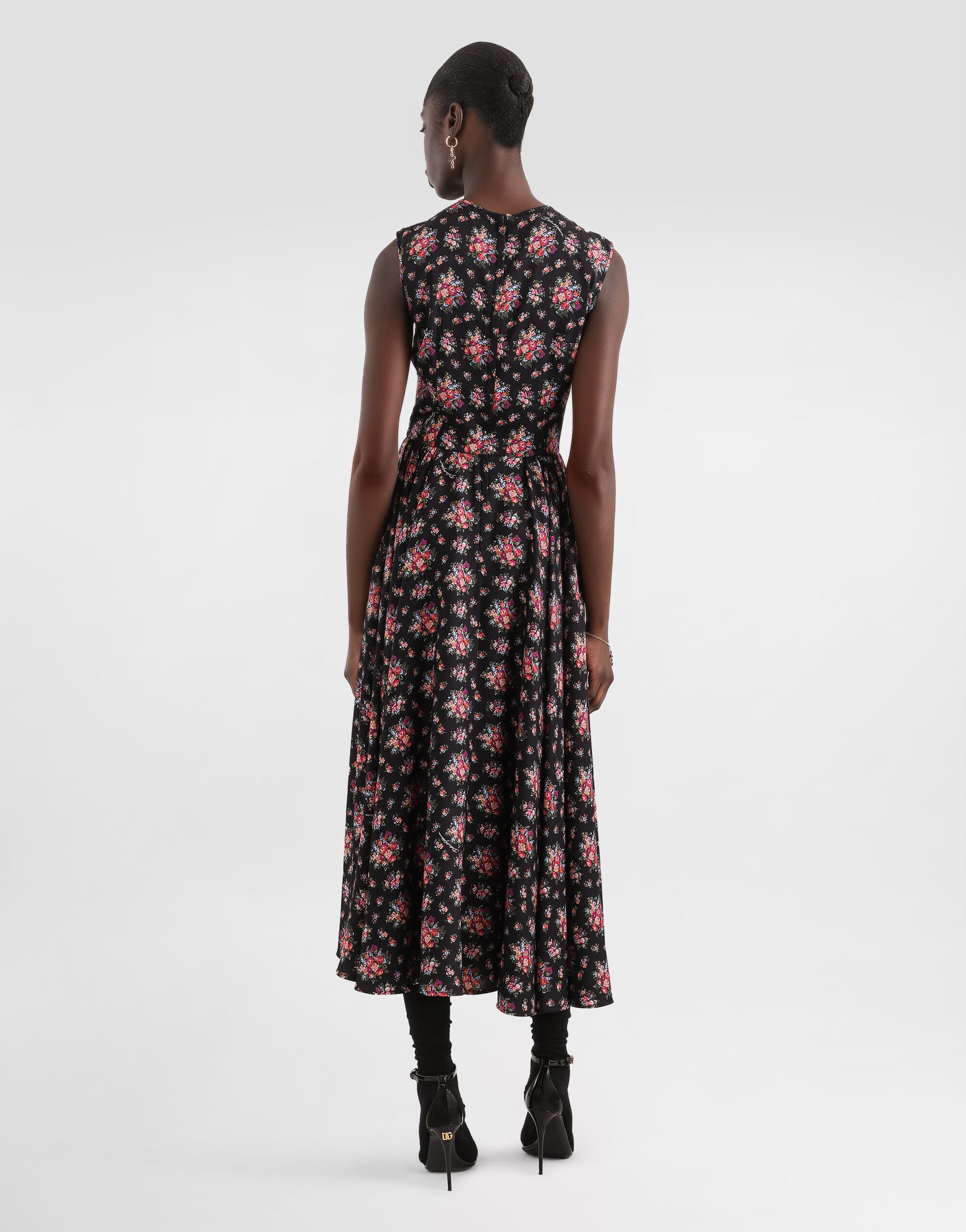 Small flower bouquets-print charmeuse dress in Multicolor for
