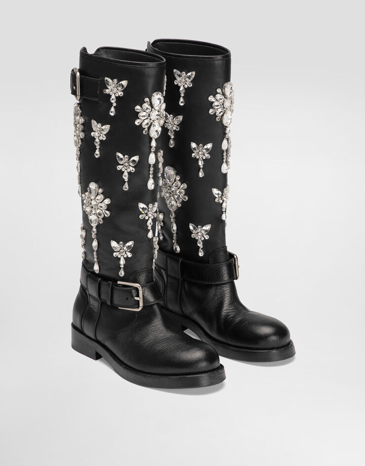 Dolce & Gabbana Horse leather boots with crystal embroidery Black CU1248AW847