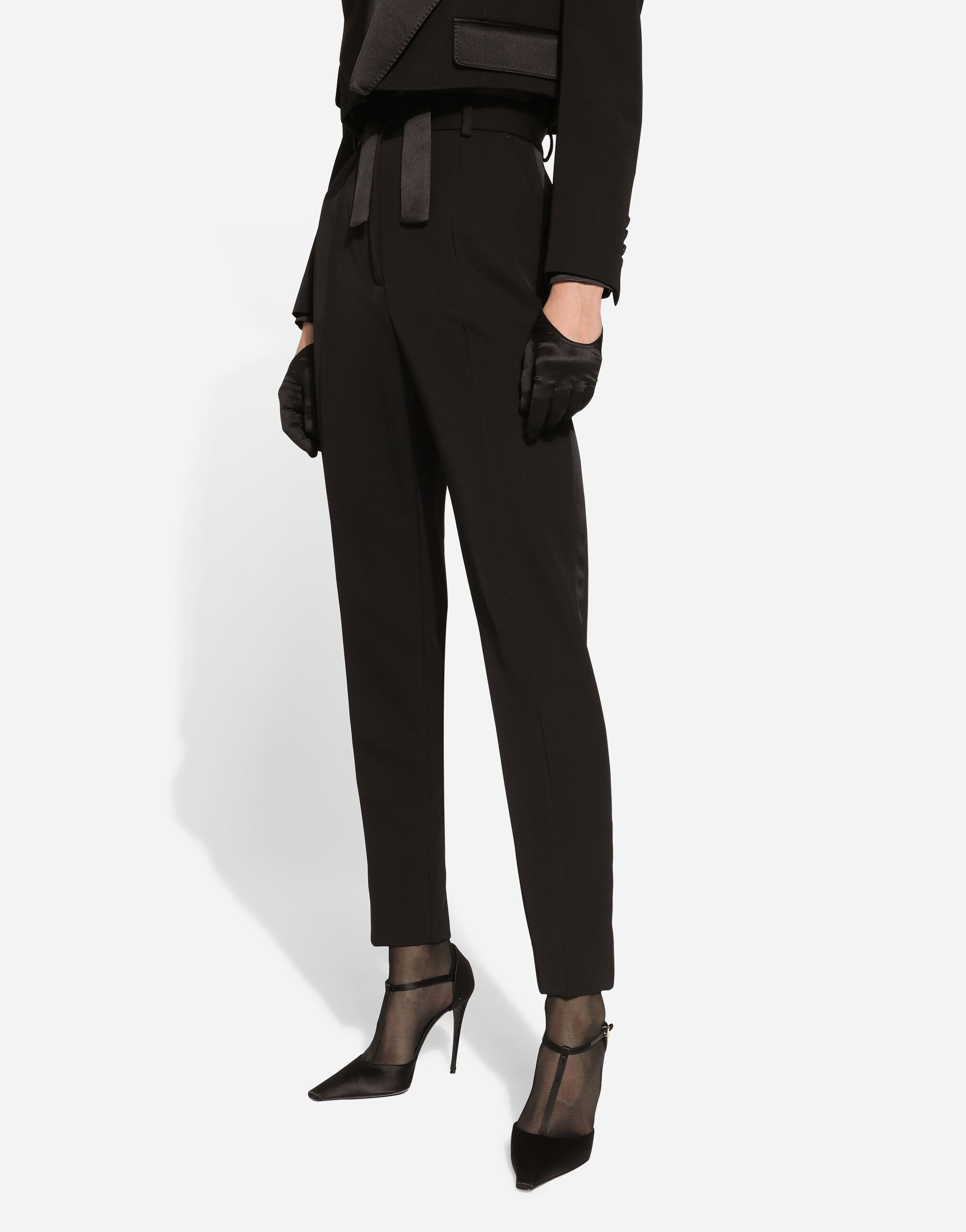 Tailored wool gabardine tuxedo pants in Black for Women