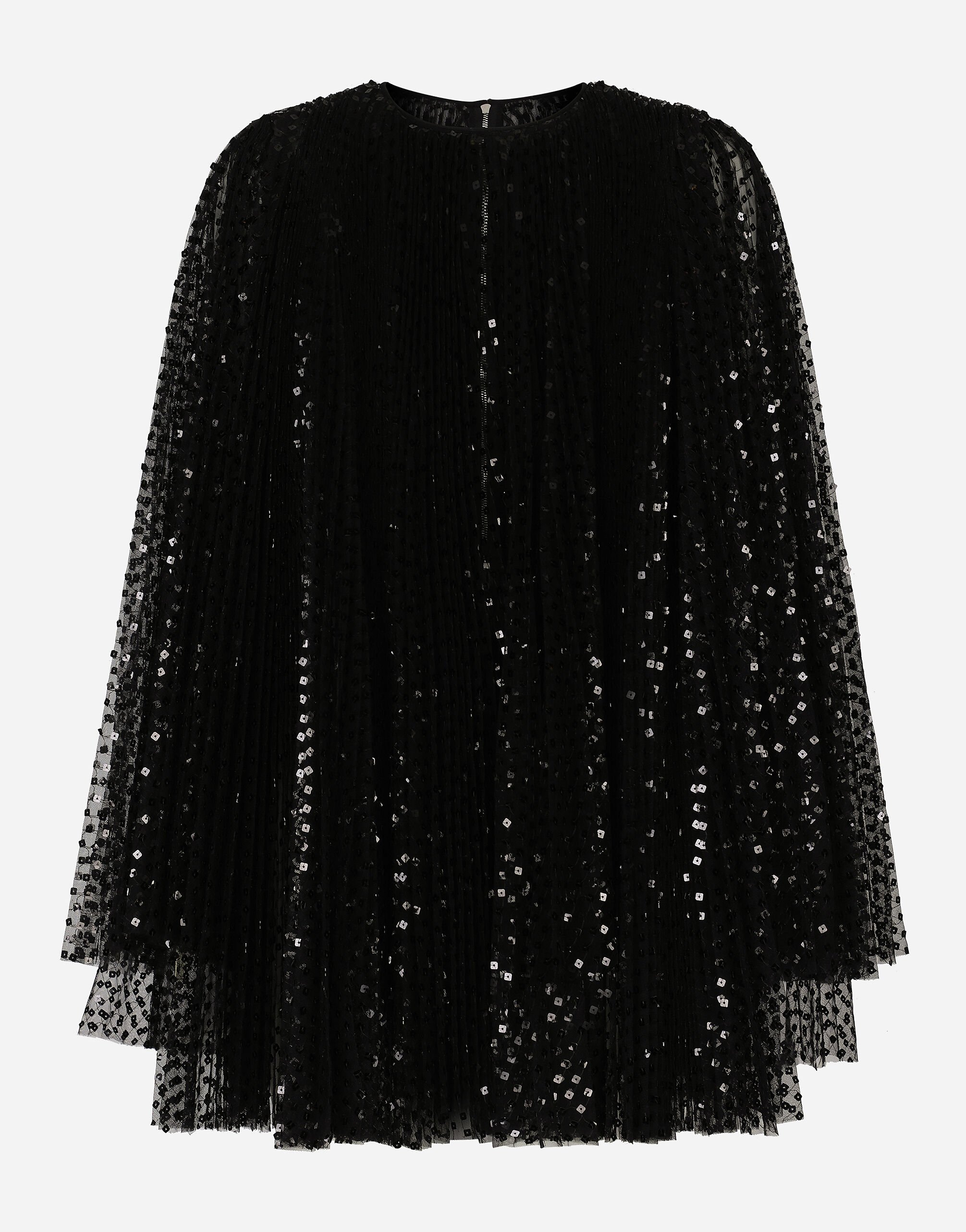 Dolce & Gabbana Short pleated dress with full sequined sleeves Black F6DFDTFLSIO