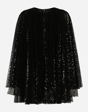 Dolce & Gabbana Короткое плиссированное платье из пайеток с широким рукавом черный F6AUYTFLSHD