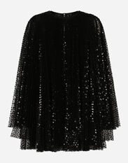 Dolce&Gabbana Short pleated dress with full sequined sleeves Black F4CLKTFU8BM