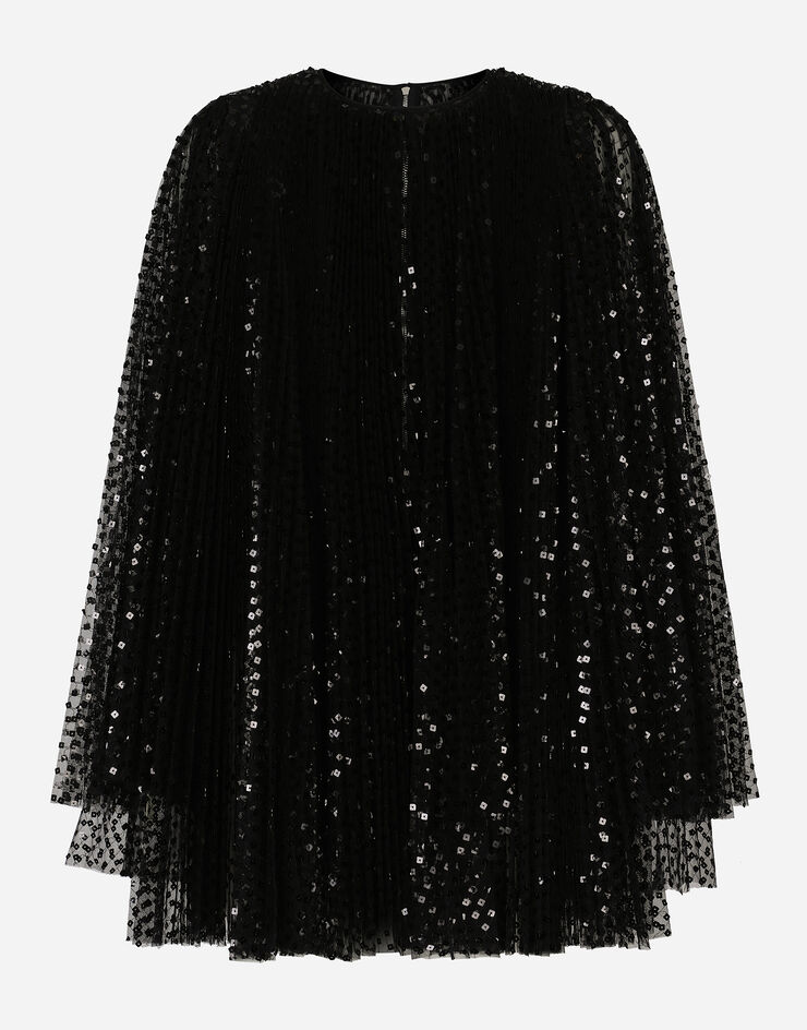 Dolce&Gabbana Short pleated dress with full sequined sleeves Black F6AUYTFLSHD