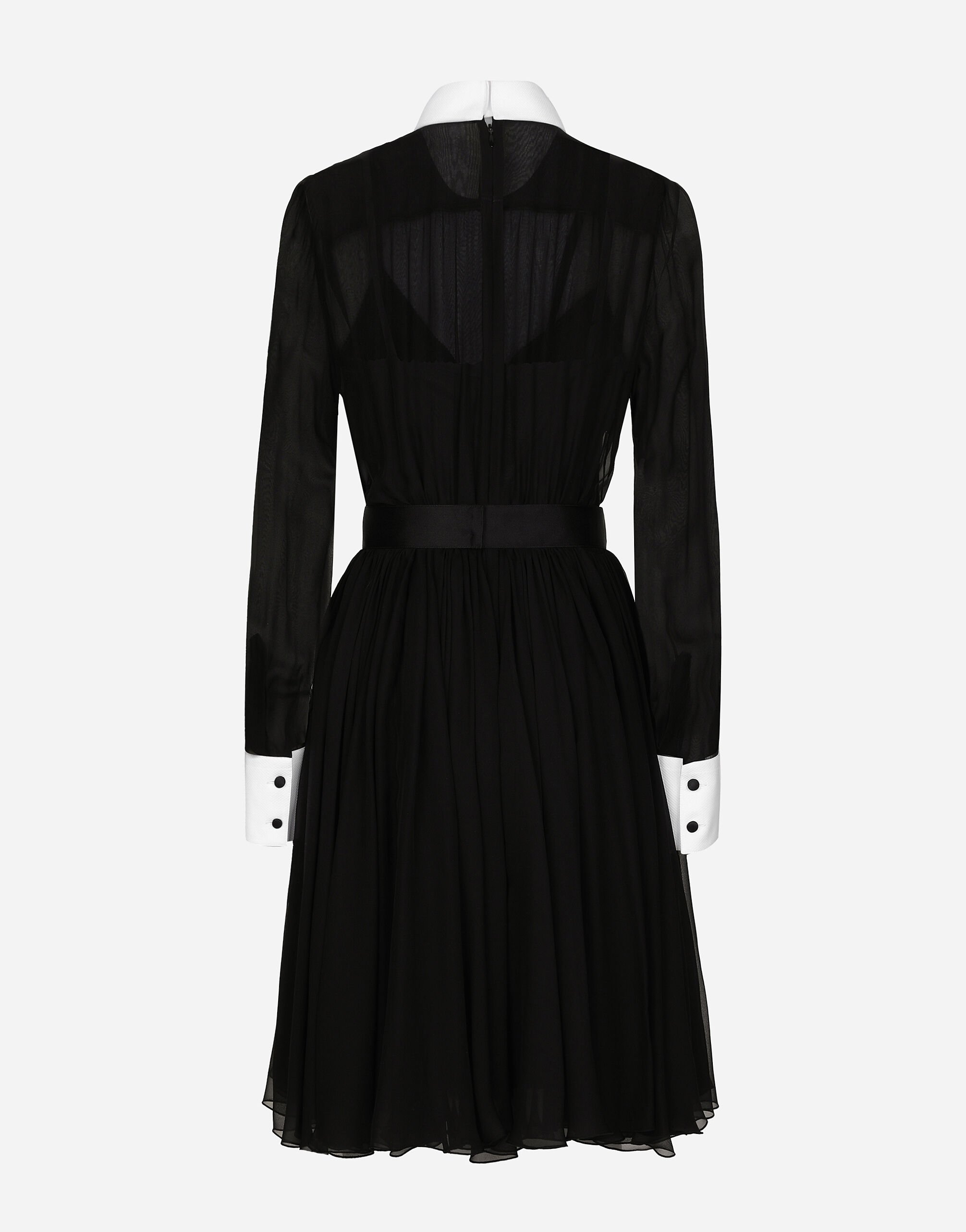 Dolce & Gabbana フリンジボタンコート ブラック Chiffon midi shirt dress with piqué cuffs and shirt front in