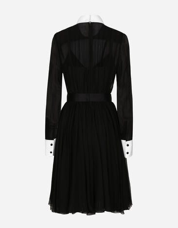Dolce & Gabbana Chiffon midi shirt dress with piqué cuffs and shirt front Black F6JGXTFU1AT