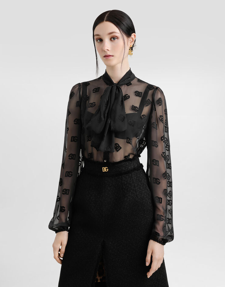 Dolce & Gabbana قميص حرير بشعار DG ديفوريه Black F5Q44TFJTBR