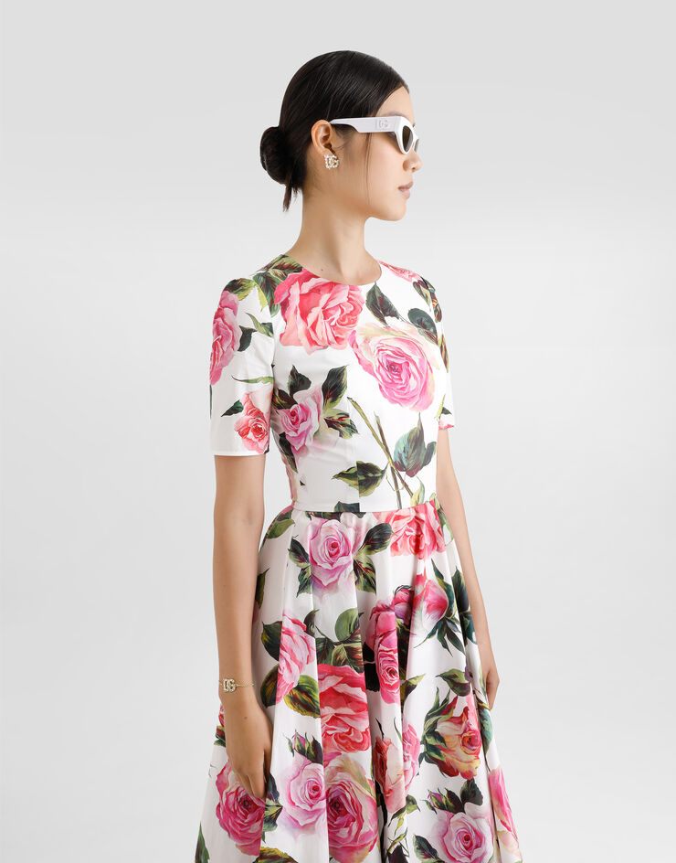 Dolce & Gabbana Vestido longuette babydoll de algodón con estampado de rosas Imprima F6F4STHS5S4