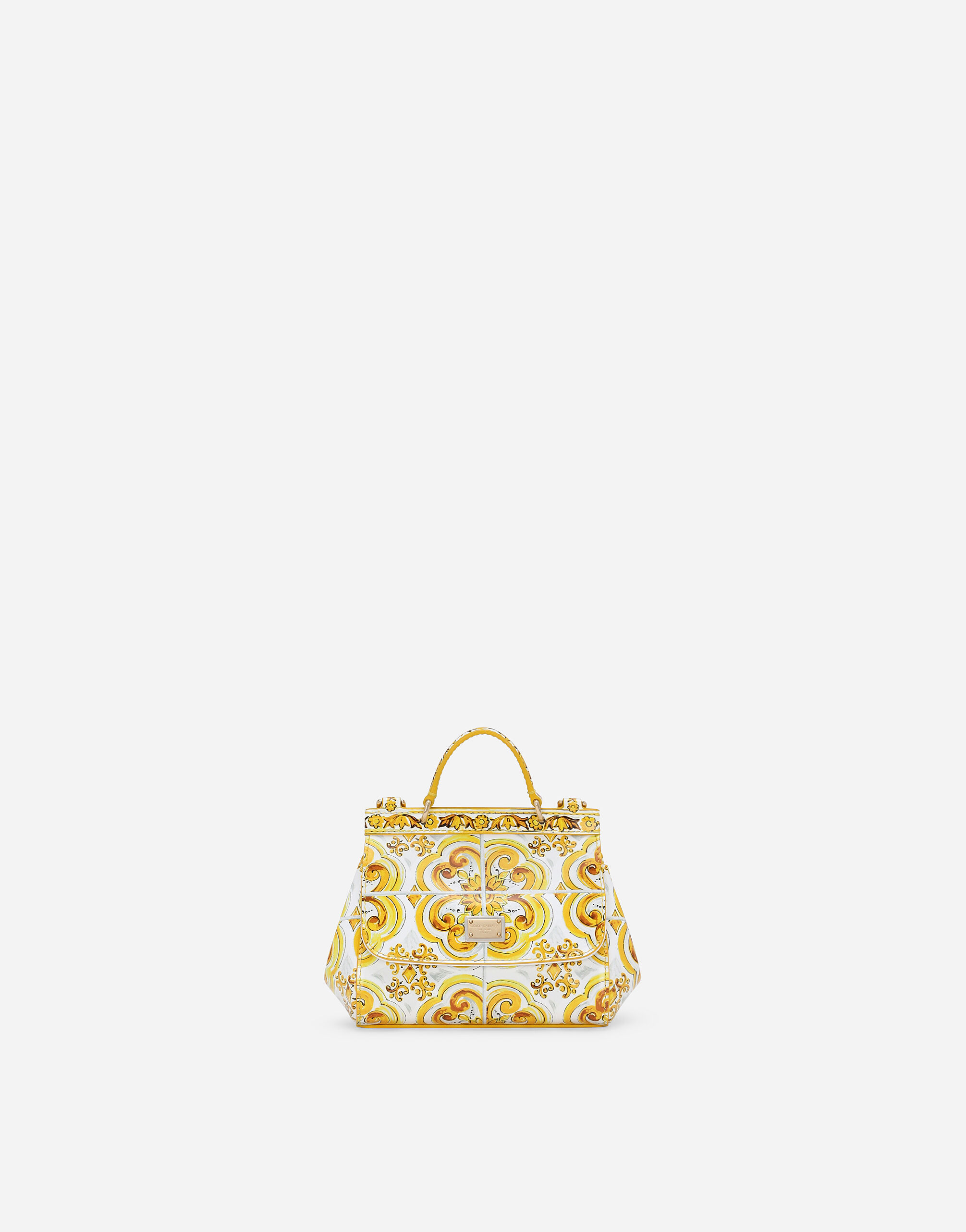 Polished calfskin Sicily bag with yellow majolica print in Yellow for Girls Dolce Gabbana US