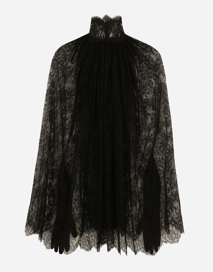 Dolce & Gabbana Kurzes Kleid im Cape-Stil aus Spitze Black F6JHCTMLMAE