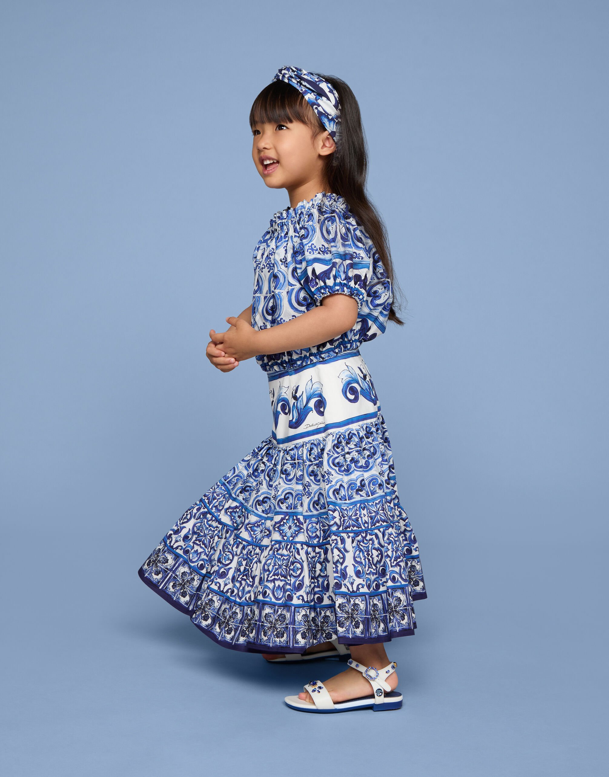 Long majolica-print poplin skirt in Multicolor for Girls | Dolce&Gabbana® US