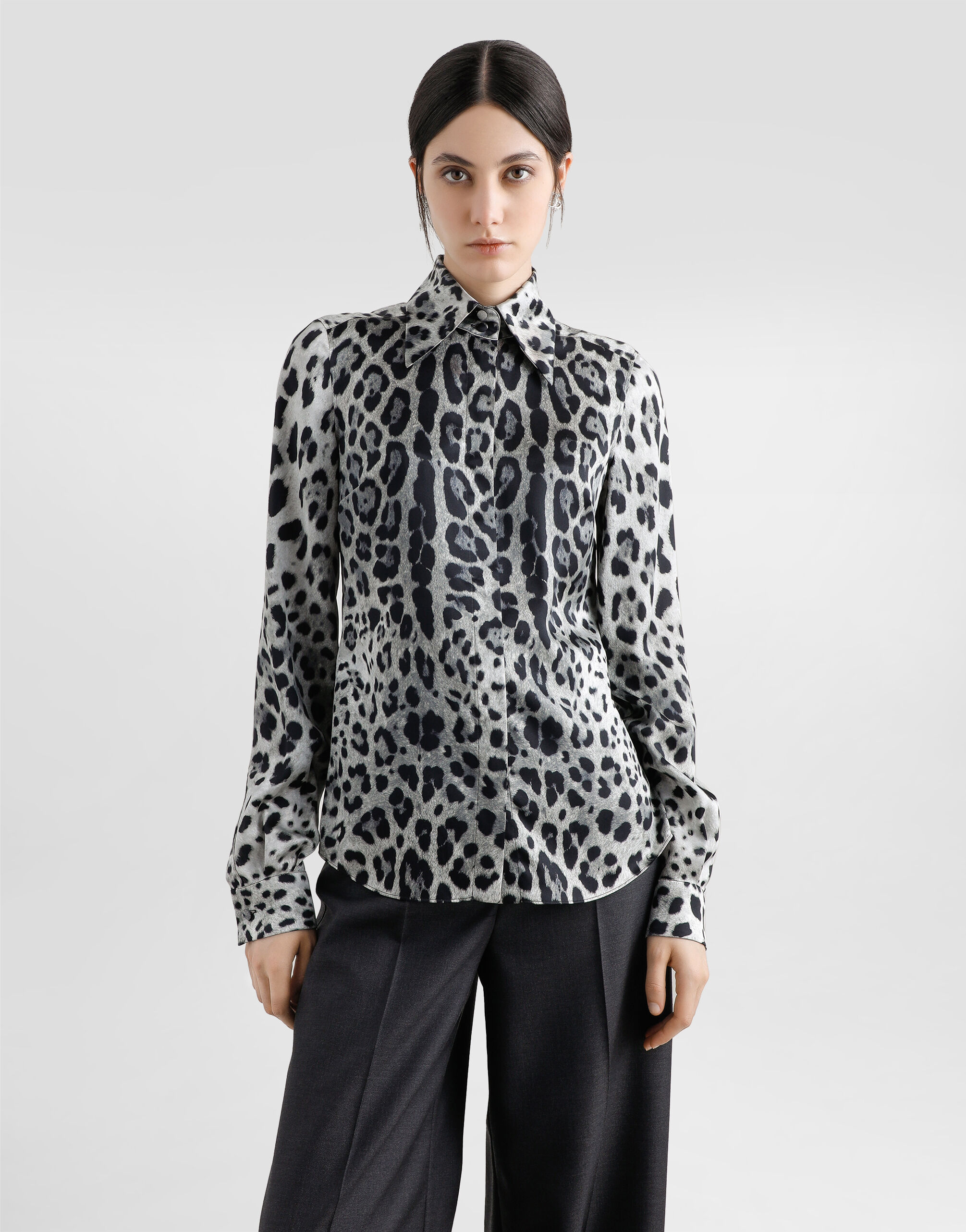 Leopard-print silk satin shirt in Print for Women | Dolce&Gabbana® US