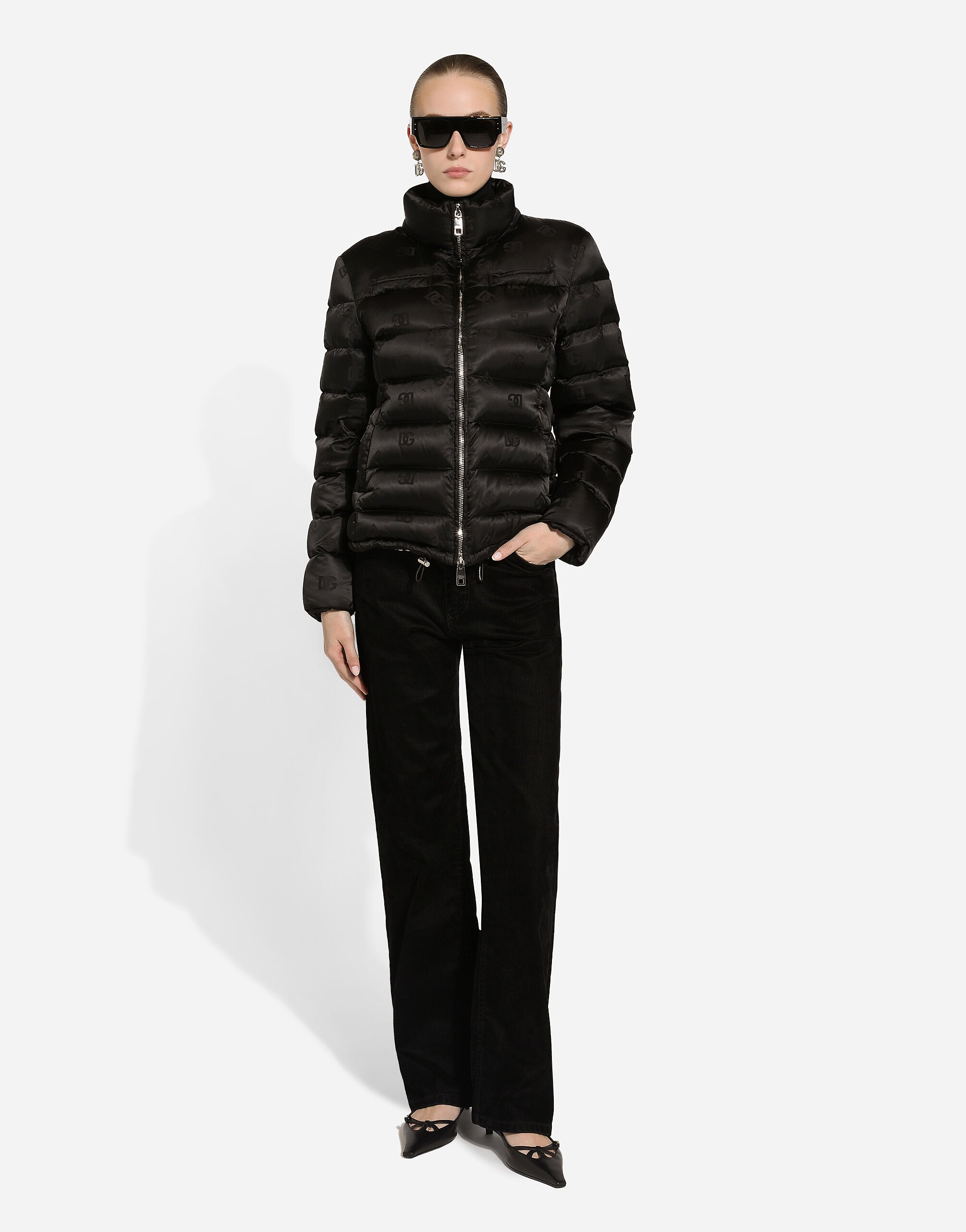 Padded satin jacquard down jacket with all over DG logo in Black for Women Dolce Gabbana
