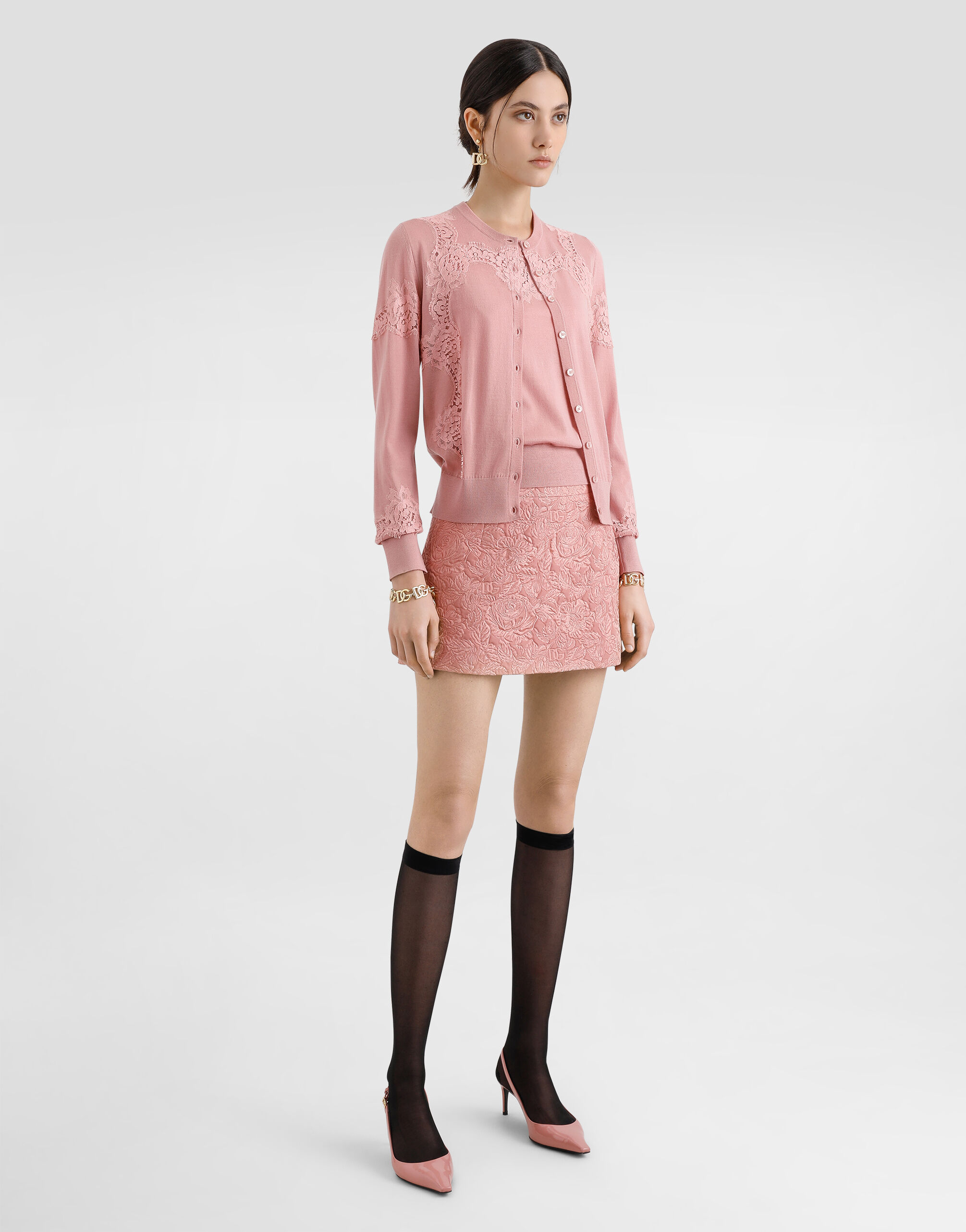 Wool cardigan with lace inlay in Pink for Women | Dolce&Gabbana® US