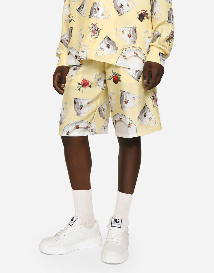 Dolce&Gabbana Silk jogging shorts with plates and cups print Multicolor I4284MGH180