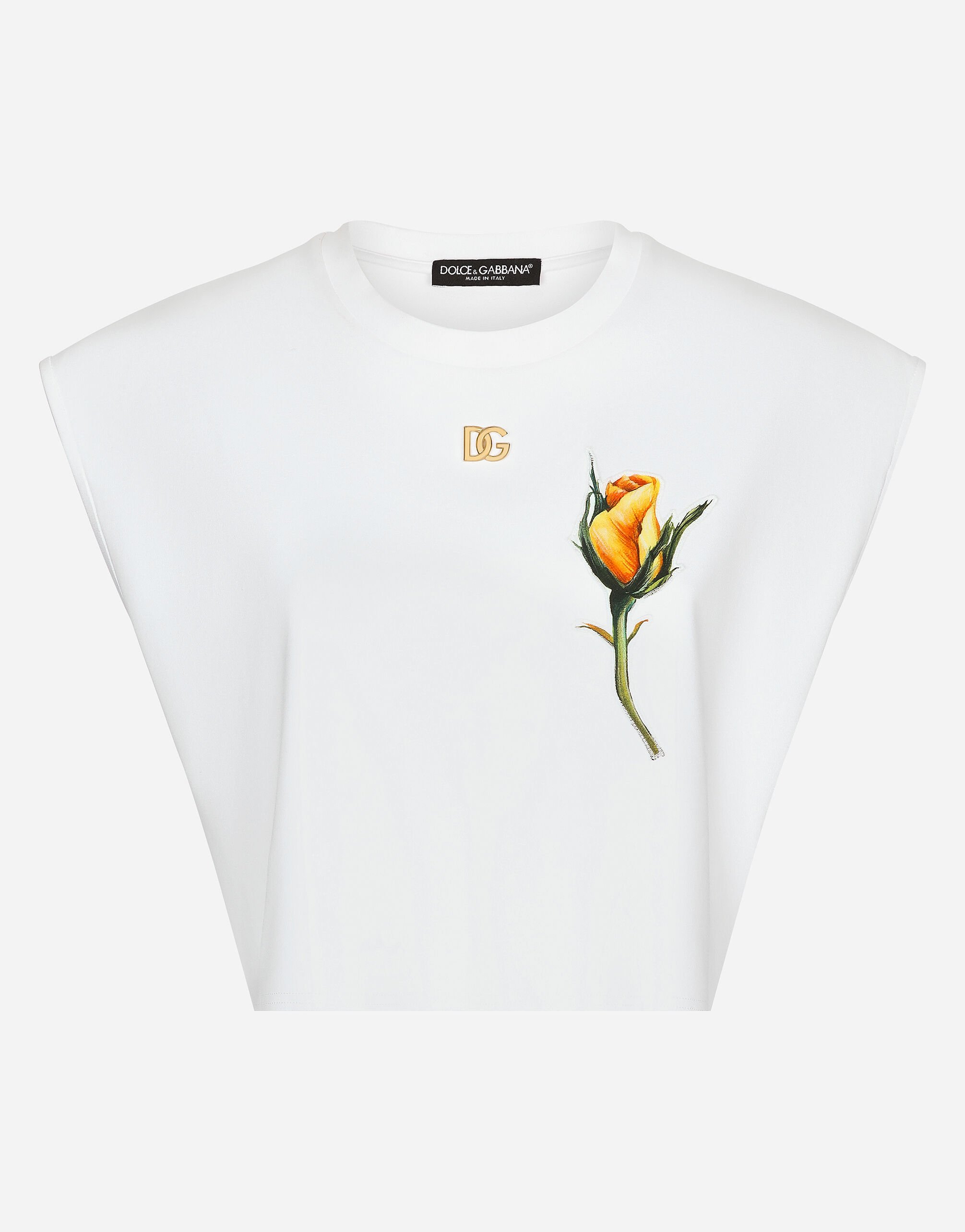 Dolce & Gabbana Cropped jersey T-shirt with DG logo and rose-embroidered patch White F8T00ZGDCBT