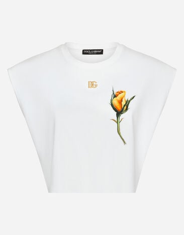 Dolce & Gabbana Cropped-T-Shirt aus Jersey mit DG-Logo und Rosen-Stickpatch Drucken F7W98THS5NO
