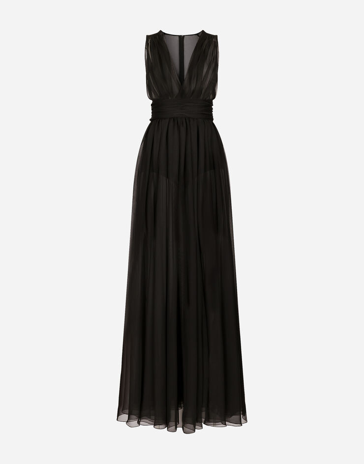 Dolce & Gabbana Abito lungo in chiffon con cintura drappeggiata Nero F6DGXTFUS0N