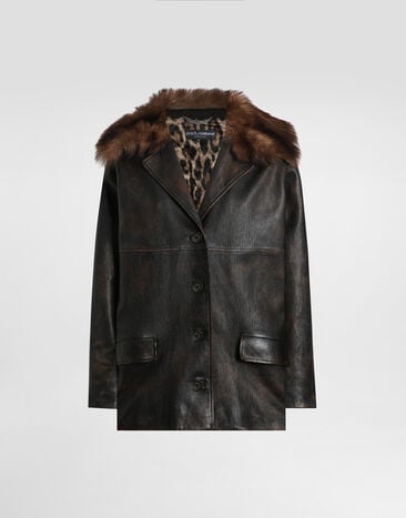 Dolce & Gabbana Leather jacket with fur collar Brown F9S72LHULXV