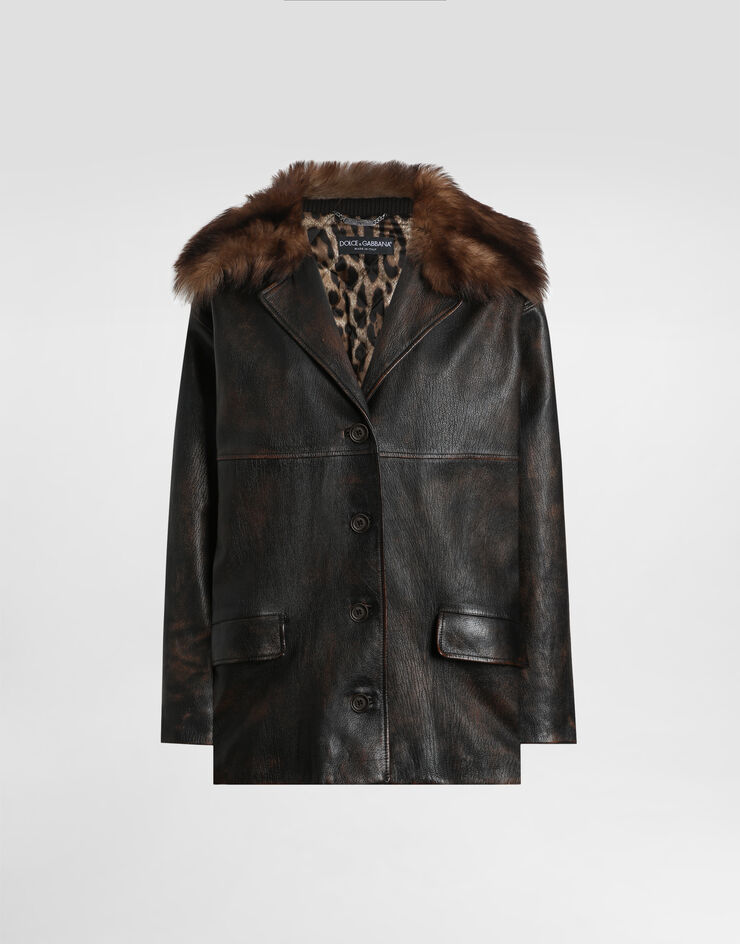 Dolce & Gabbana Leather jacket with fur collar Brown F9S72LHULXV