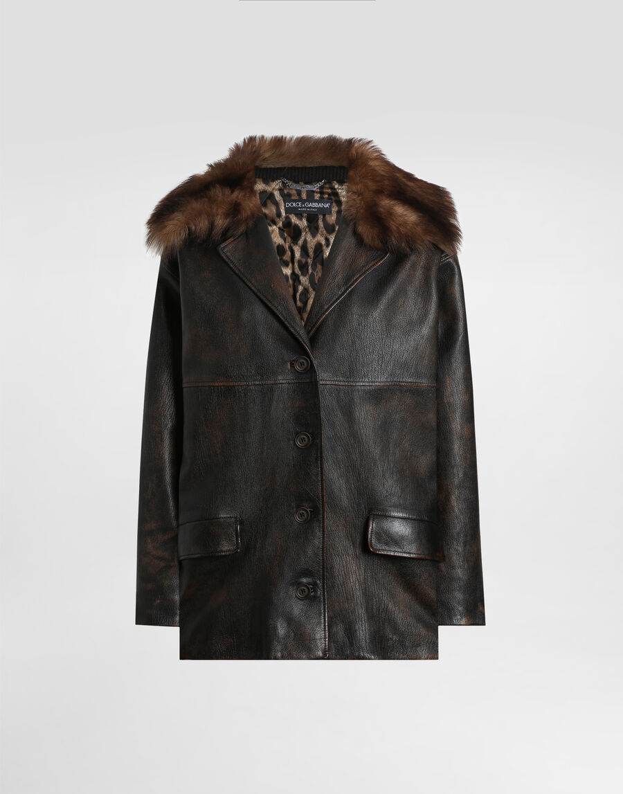 Leather jacket with fur collar