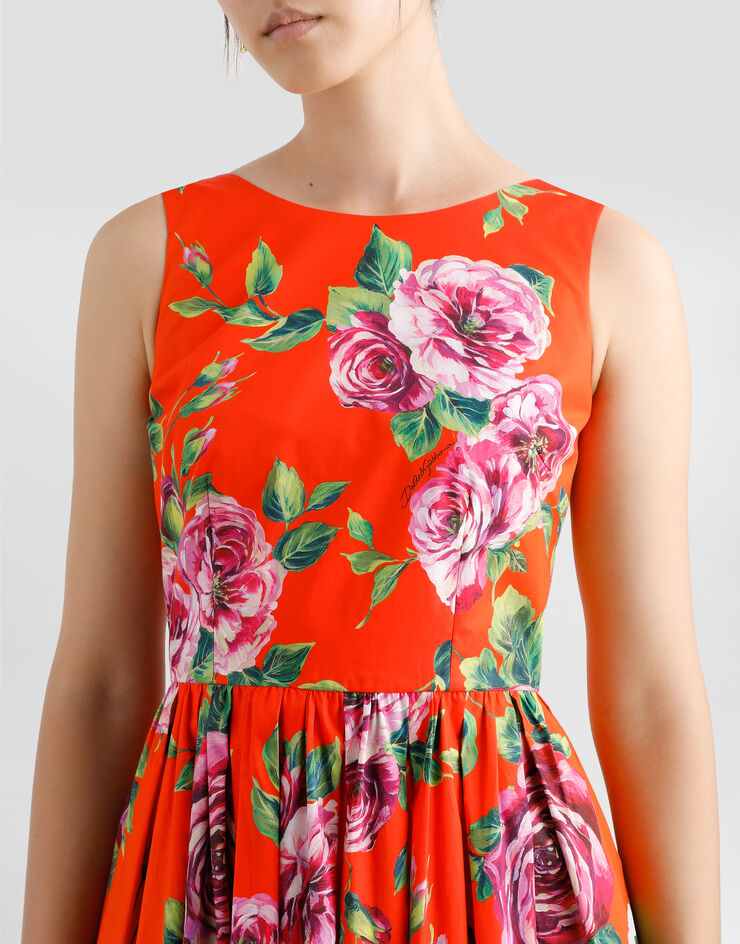 Dolce & Gabbana Vestido babydoll longuette de algodón con estampado de rosas Imprima F6JHVTHS5TI
