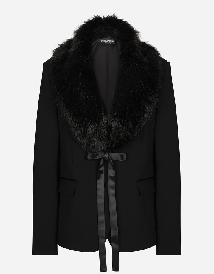 Dolce & Gabbana Jacke aus Wolle mit Kunstpelzkragen Schwarz F29ZXTFUBF1