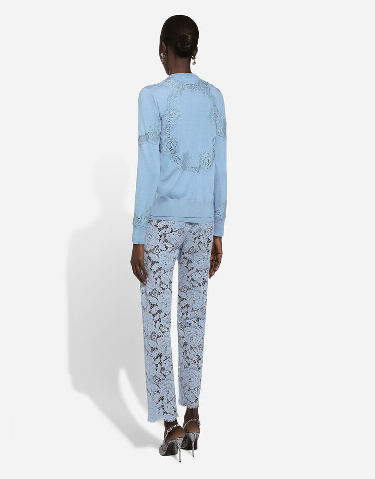 Dolce & Gabbana Pantaloni sartoriali in pizzo cordonetto floreale logato DG Azzurro FTAM2THLM7L