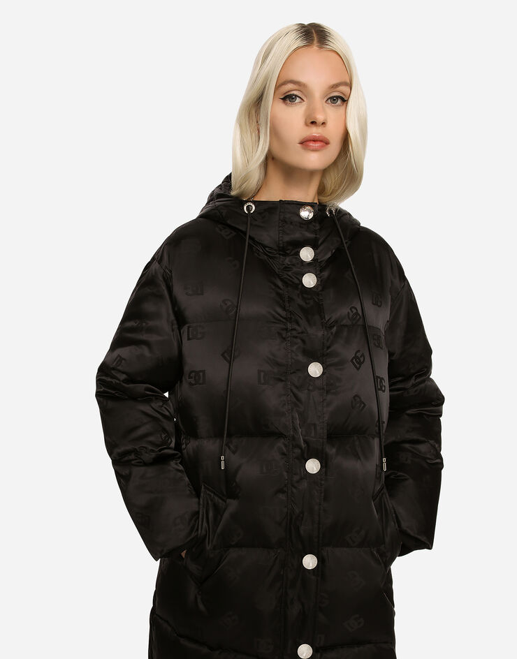 Dolce & Gabbana Long satin down jacket with all-over DG logo Black F9P49TFJSCE