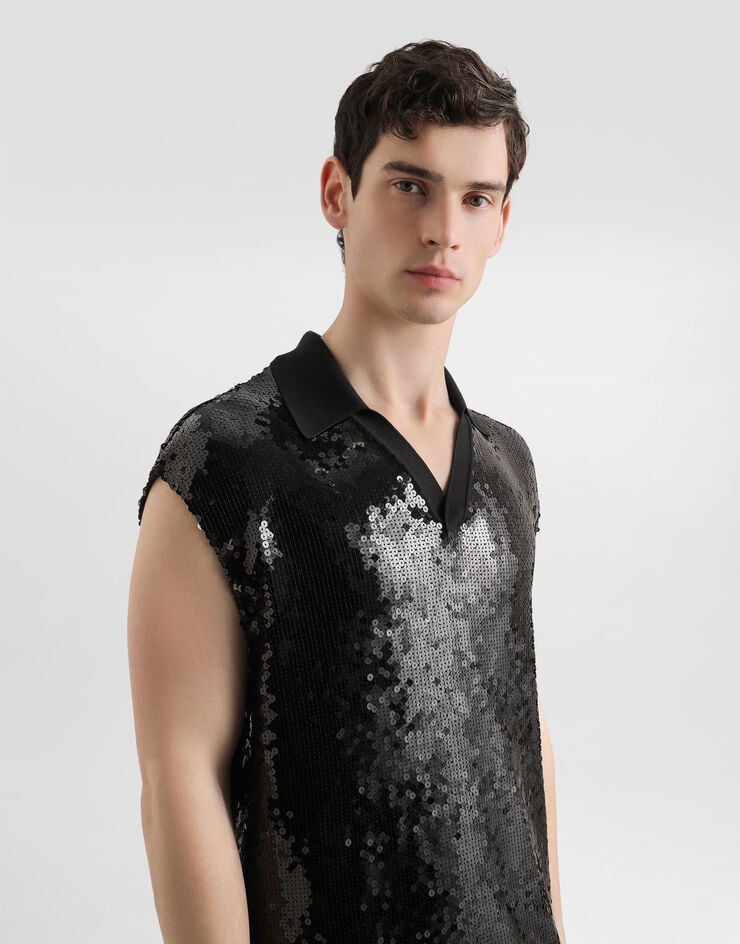 Dolce & Gabbana Sleeveless polo with sequins Black G8ST8TFLSEP