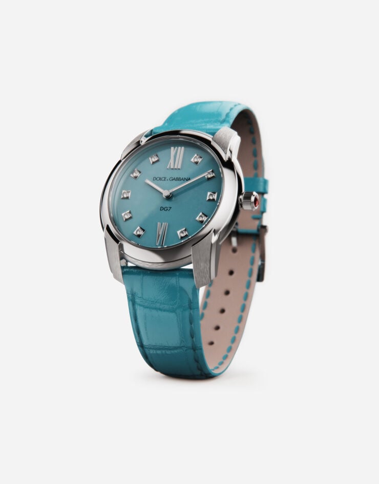 Dolce & Gabbana ساعة DG7 من الفولاذ مرصعة بالفيروز والماس أزرق سماوي WWFE2SXSFTA