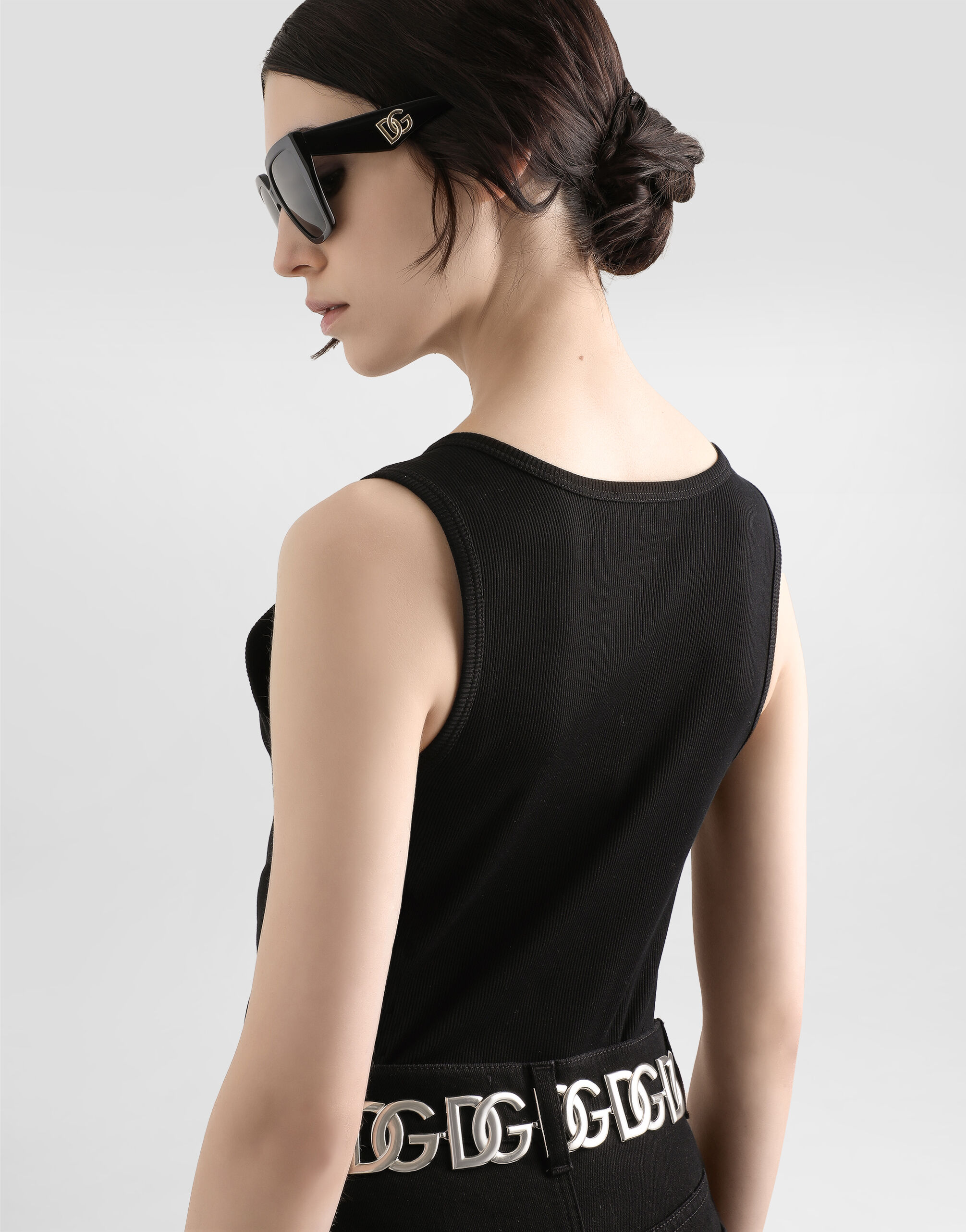 Fine-rib jersey tank top with DG logo pin in Black for Women