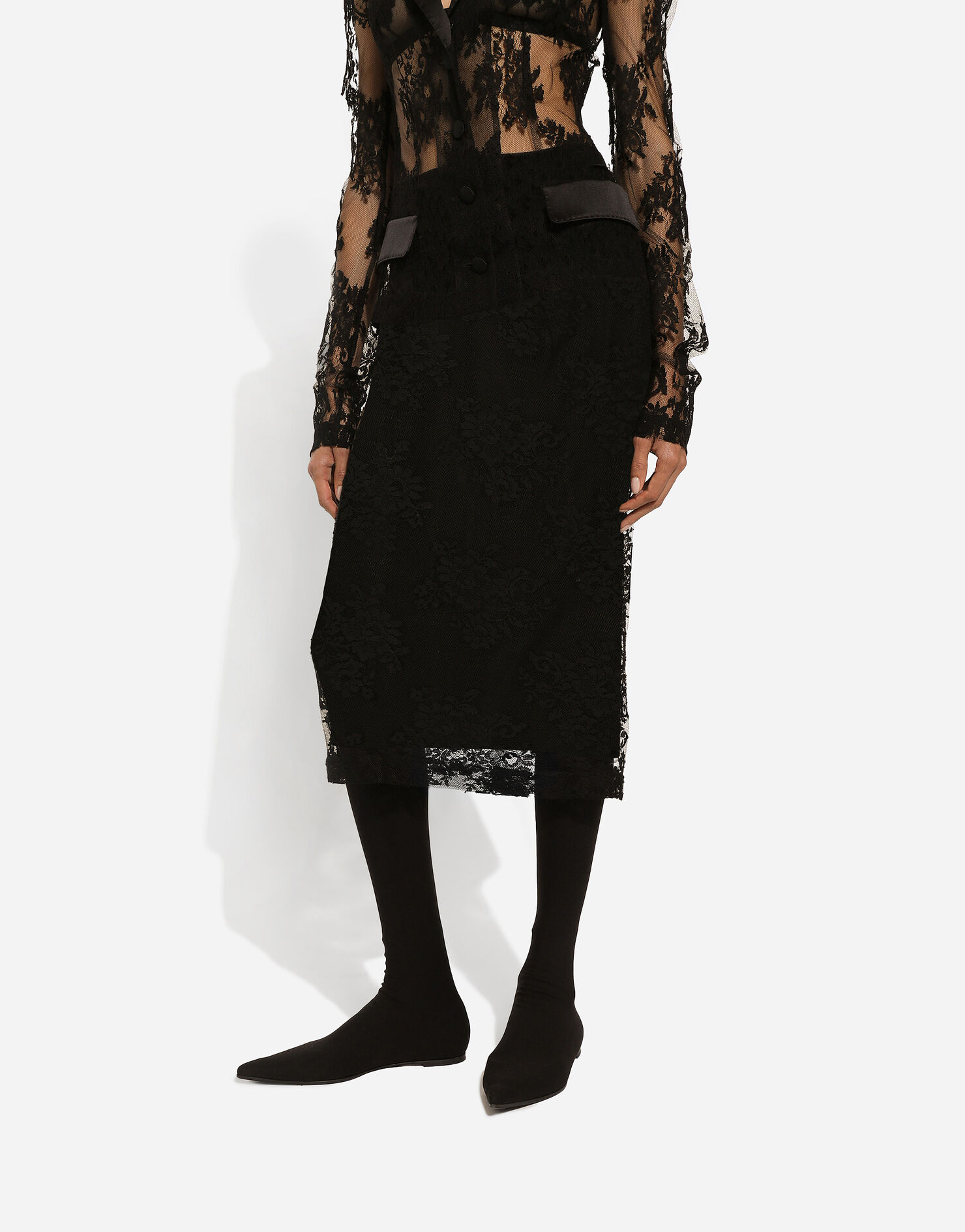 Lace pencil skirt with slit in Black for Dolce&Gabbana® US