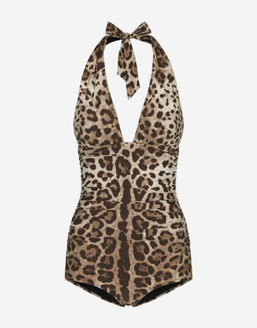 Dolce & Gabbana Leopard-print one-piece swimsuit with plunging neckline Black O9B45JFUGA2