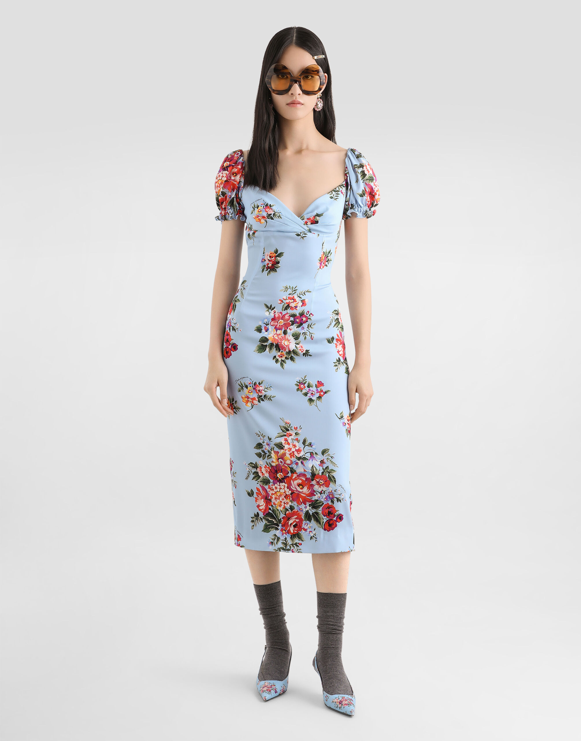 【超美品】Dolce & Gabbana フラワープリント フローラル ドレス Satin calf-length sheath dress with floral print in Print for